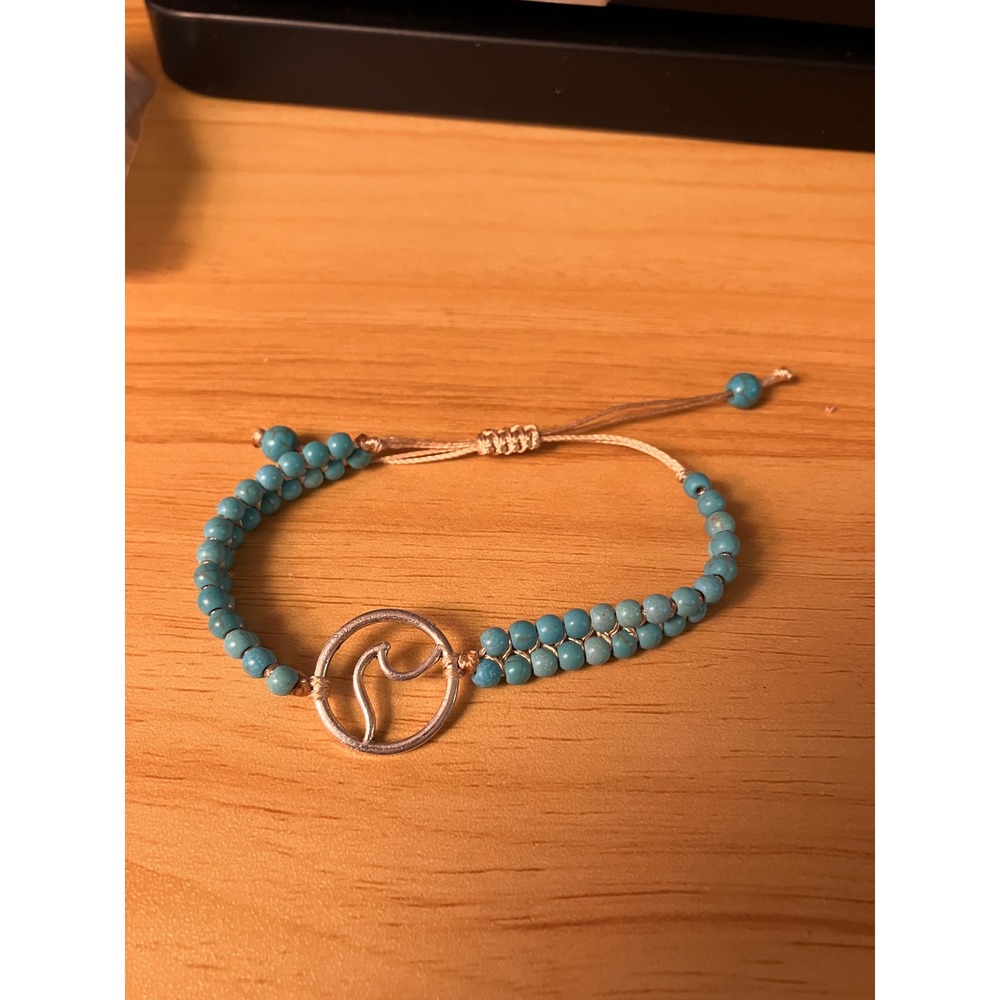 Pura Vida Turquoise Beaded Wave Bracelet Blue Silver Tone Adjustable Beachy Boho